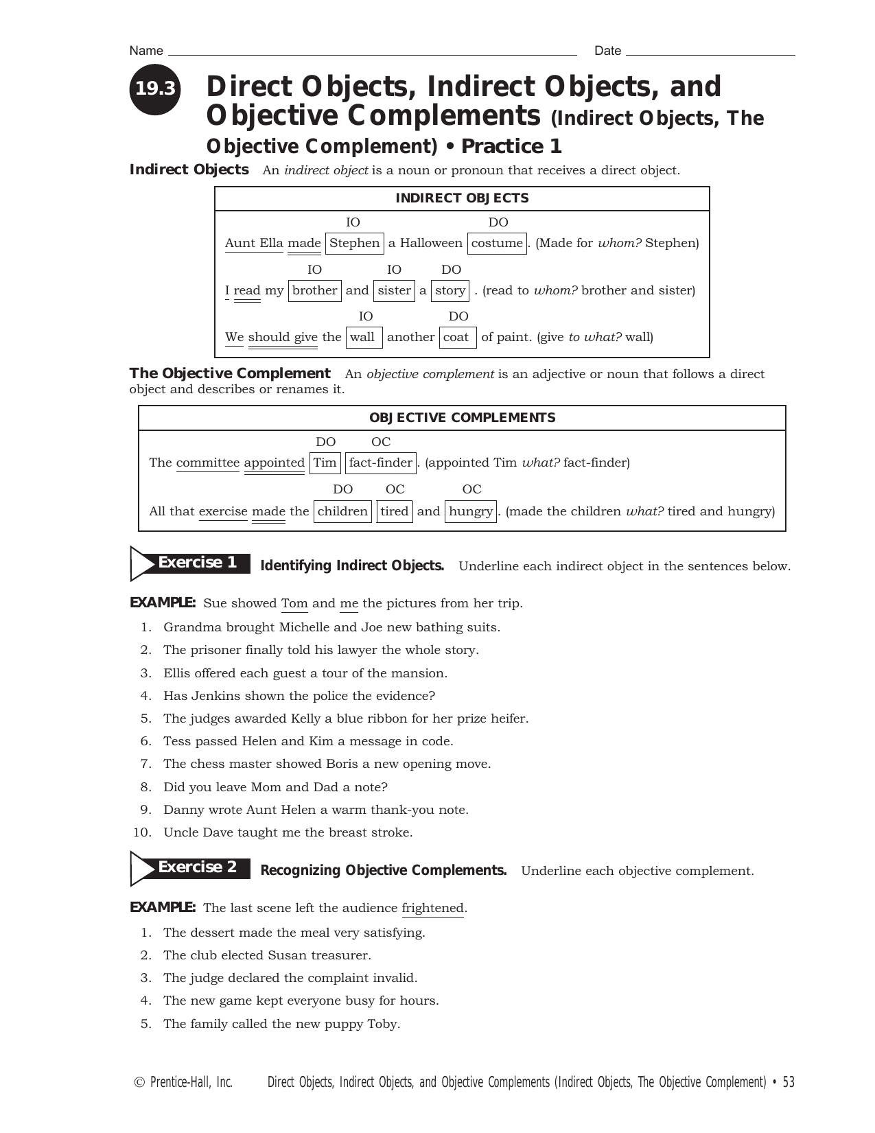 Direct Indirect Objects Objective Complements Worksheet