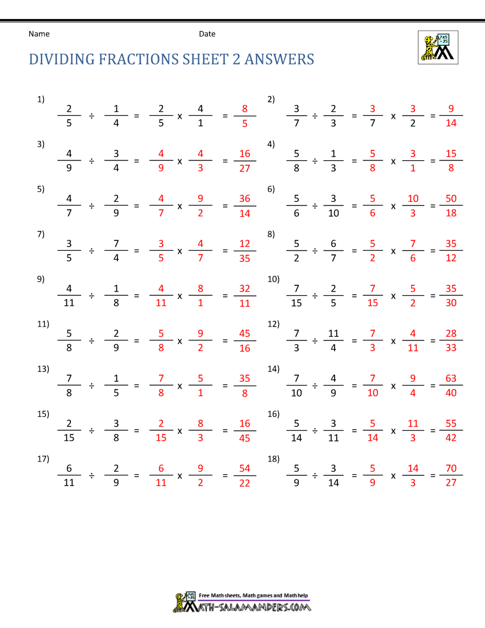 Dividing Fractions Worksheet Dividing Fractions Worksheet