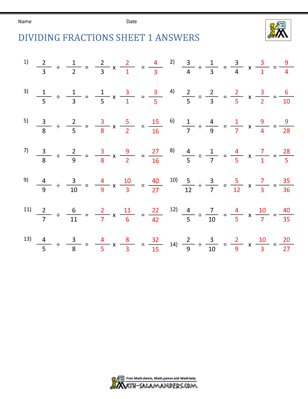Dividing Fractions Worksheet Dividing Fractions Worksheet