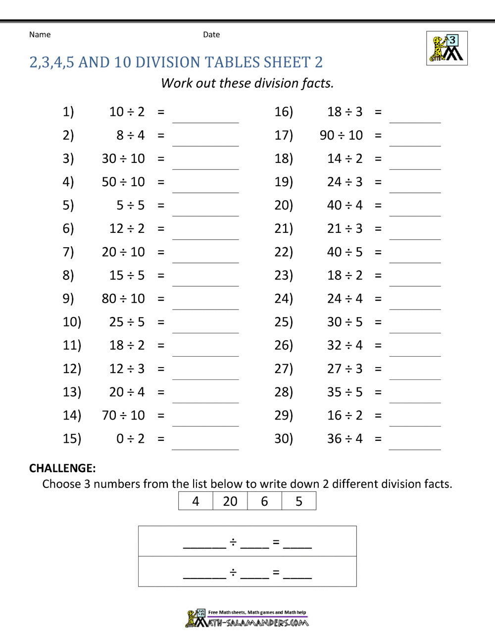 Division Chart Printable Paper Trail Design