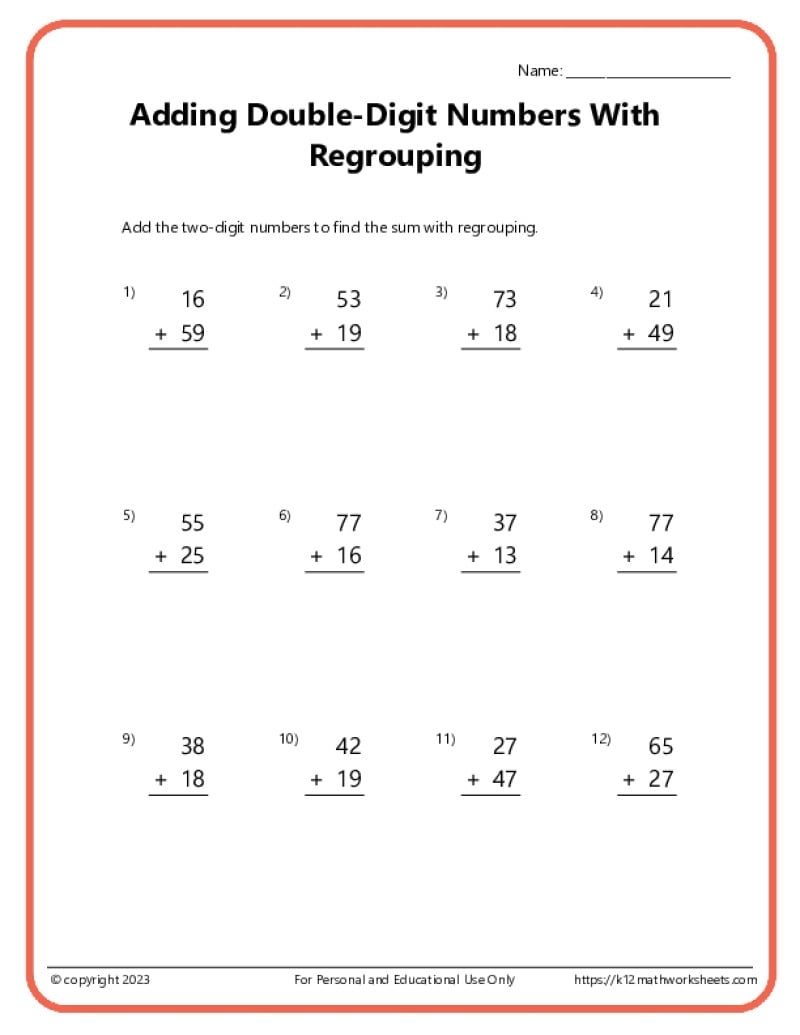 Double Digit Addition With Regrouping Worksheets Addition Worksheets Free Printable Easy Math Problems Free Printables Lettering SVG Files Tools Apps