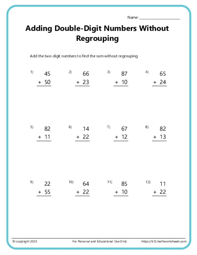 2 Digit Addition Without Regrouping