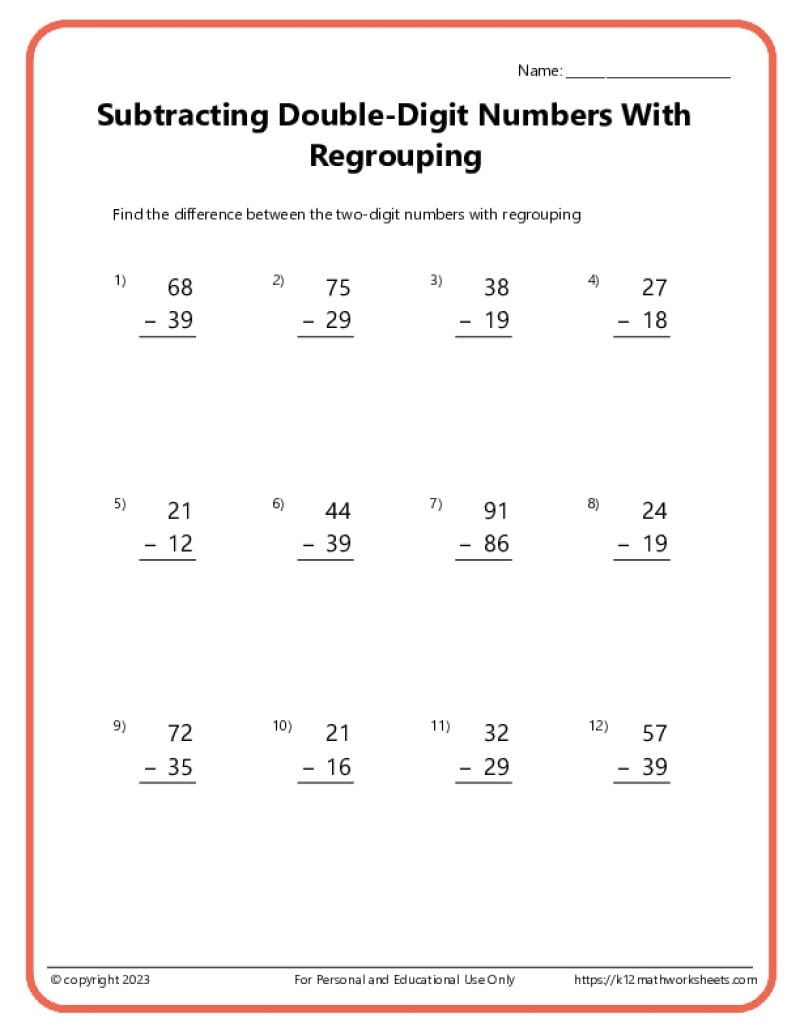 Double Digit Subtraction With Regrouping Borrowing K12 Math Worksheets Double Digit Subtraction With Regrouping Borrowing K12 Math Worksheets