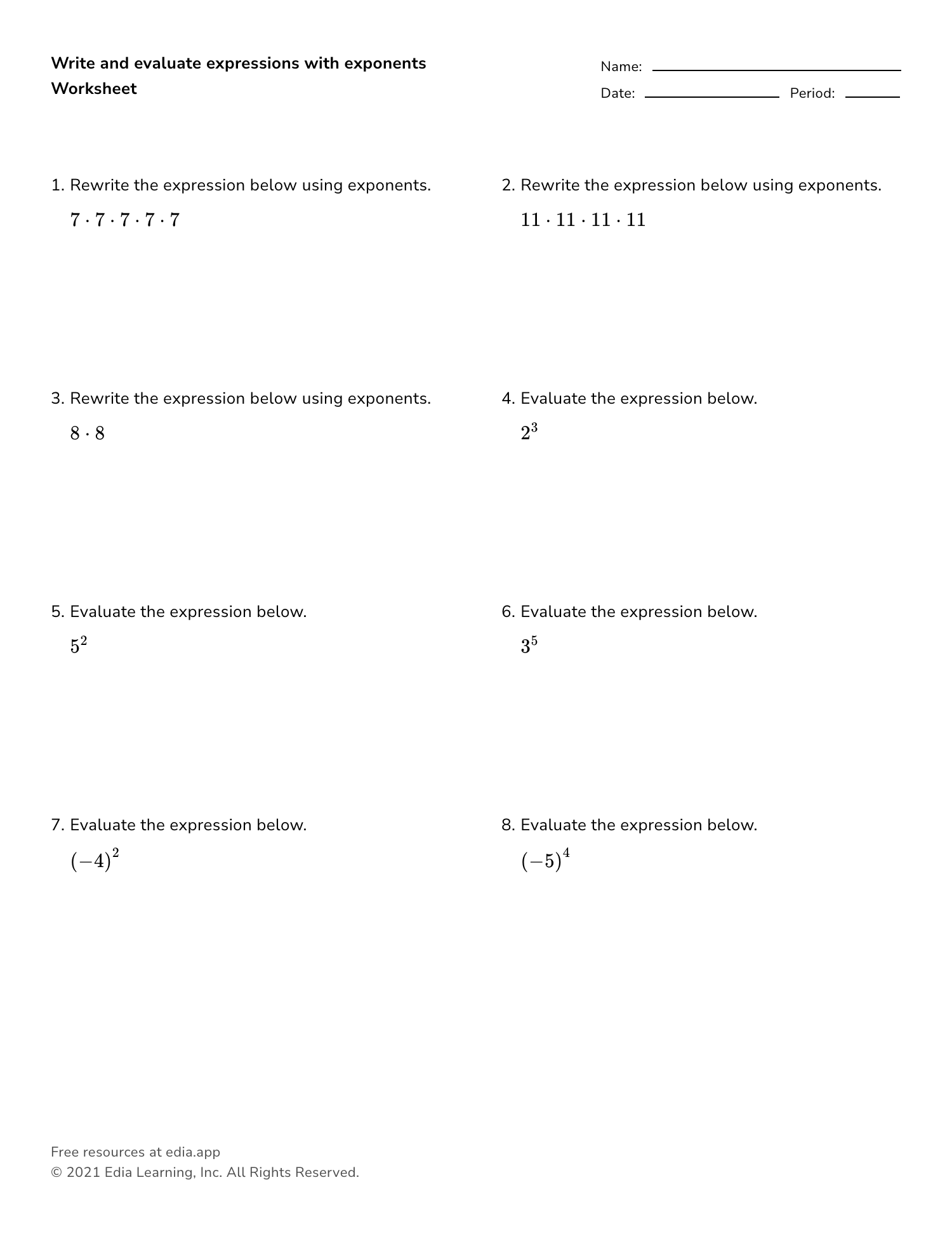 Edia AI Platform For Student Outcomes Free Exponents Worksheets