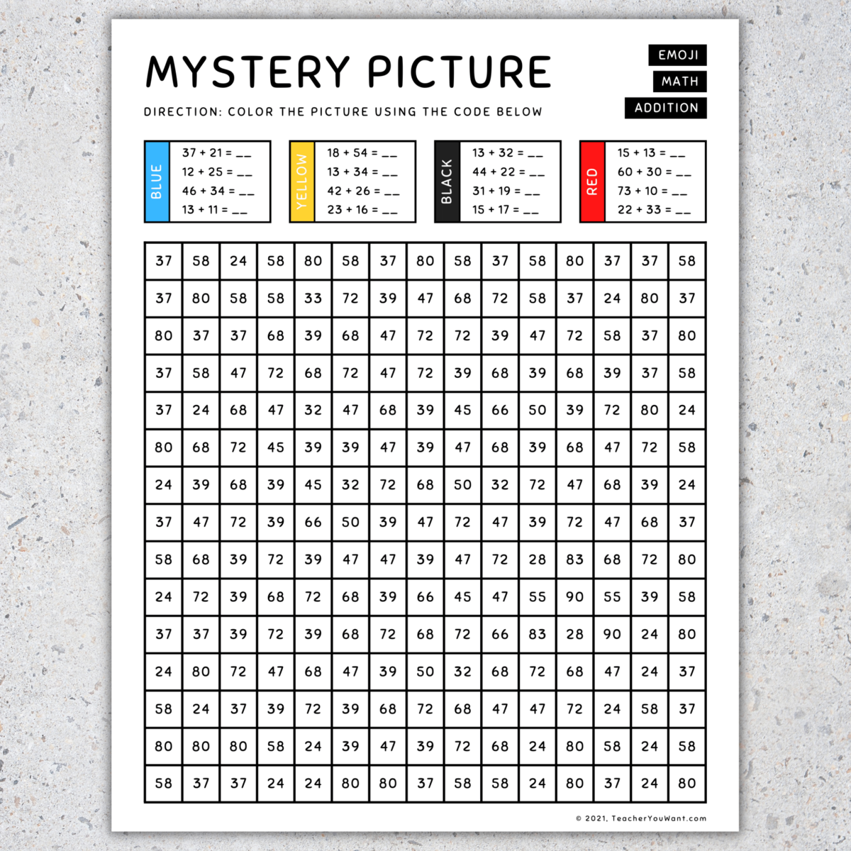 Emoji Mystery Picture Color By Number Back To School Math Addition Made By Teachers Free Printable Interactive Mystery Picture Worksheets Worksheets Library