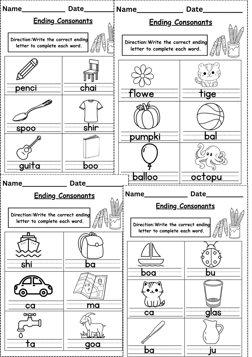 Ending Consonants Worksheets For Kindergarten Grade 1