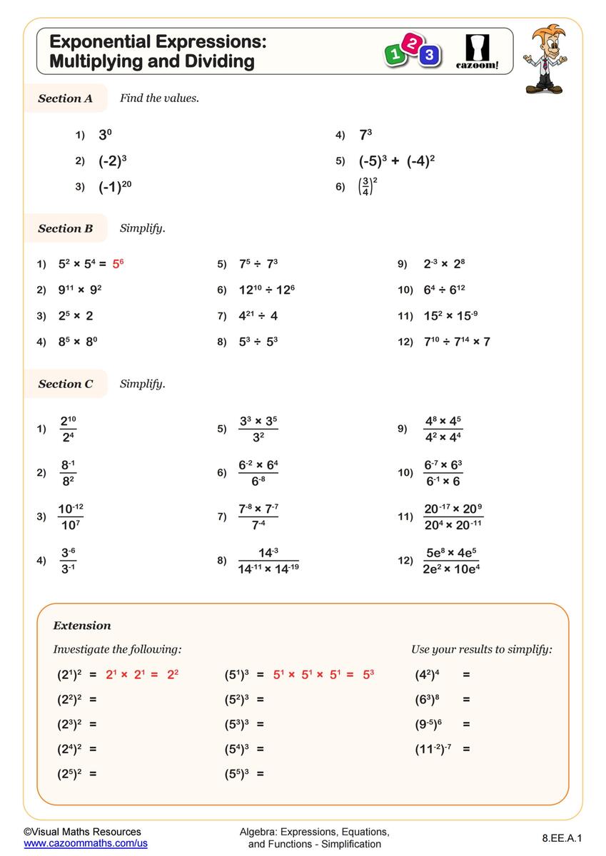 Multiplication Property Of Exponents Worksheets