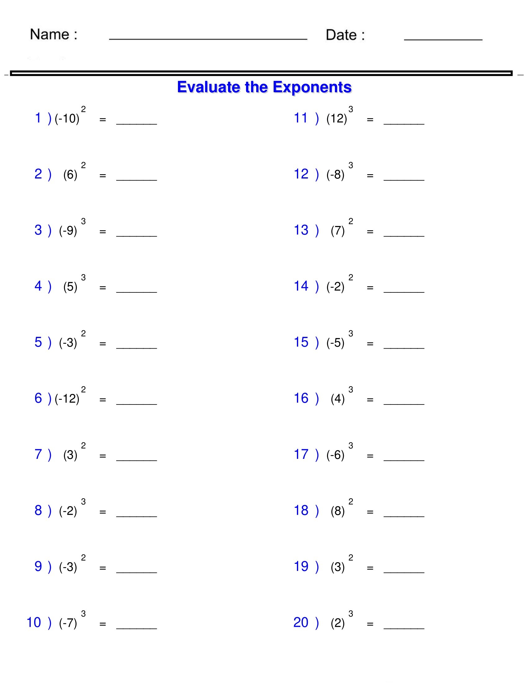 Exponents And Radicals Integers With Simple Exponents Worksheets Made By Teachers