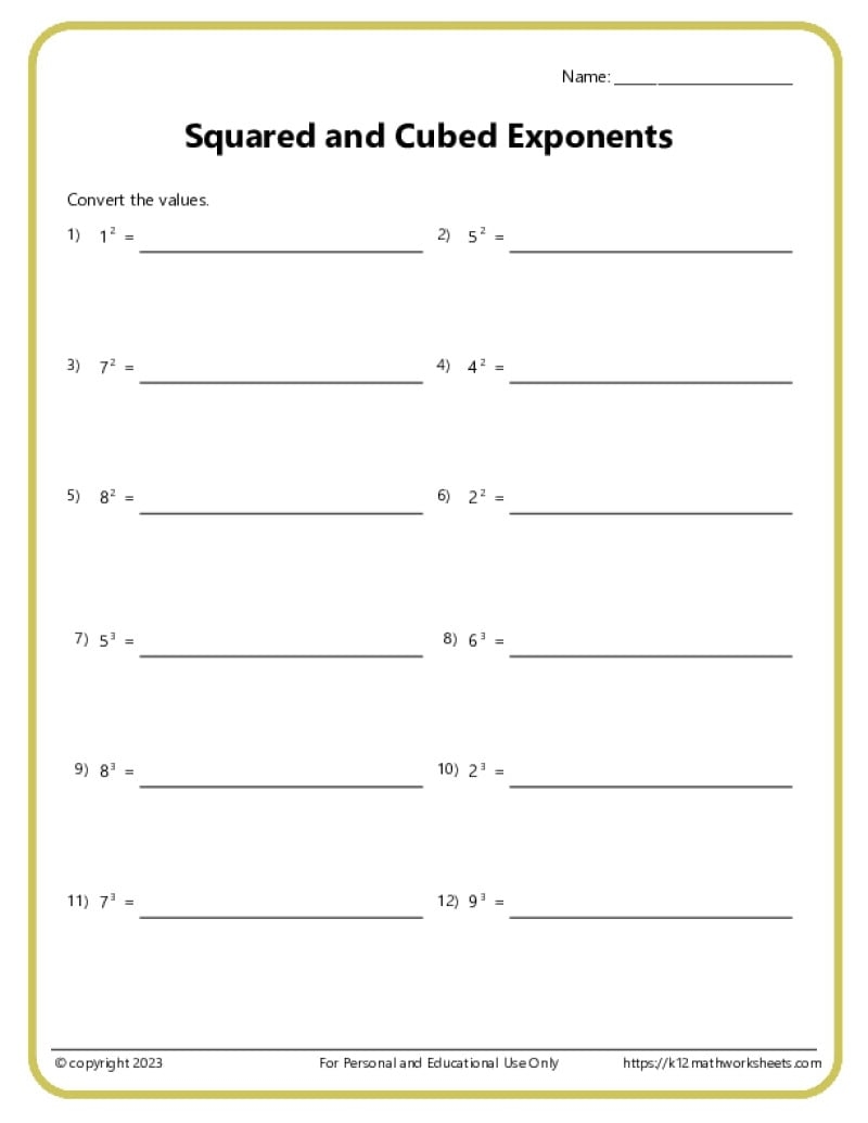 Free Exponents Worksheets