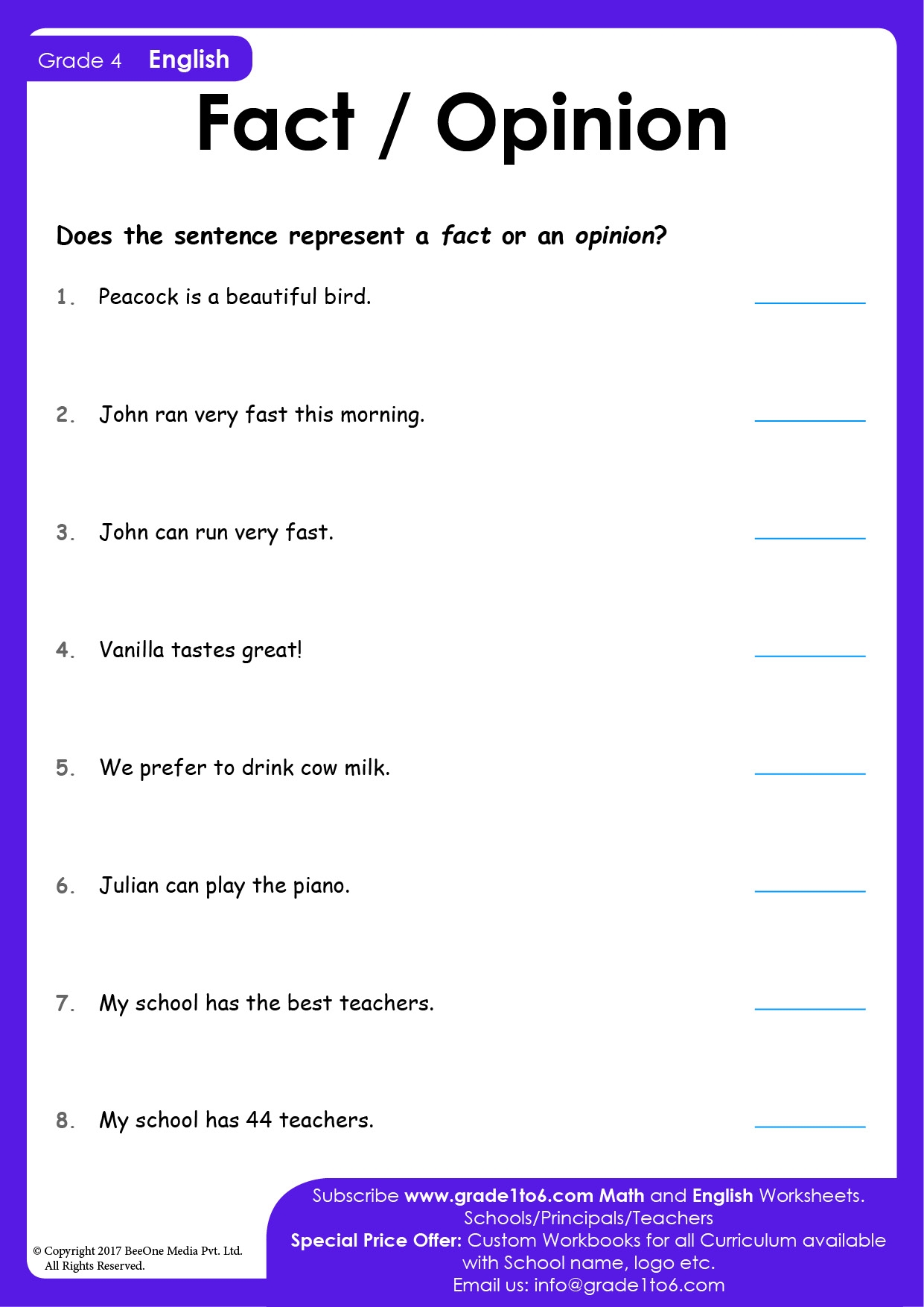 Fact And Opinion Worksheet Grade1to6 Reading Worksheets Fact And Opinion Worksheets