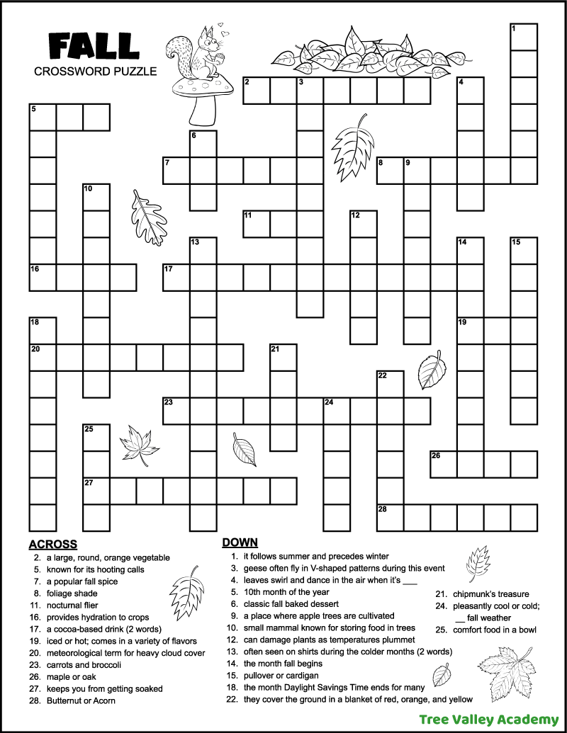 Fall Crossword Puzzle For Middle School Tree Valley Academy Fall Color By Number Nature Inspired Learning