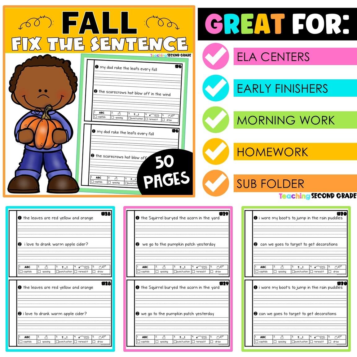Fall Fix The Sentence Worksheets Sentence Editing Daily Oral Language DOL Teaching Ideas Made Easy