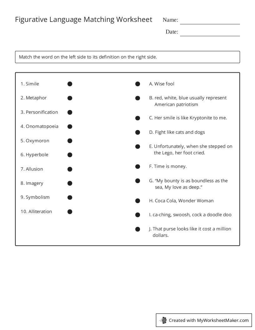 Figurative Language Matching Worksheet My Worksheet Maker Create Your Own Worksheets