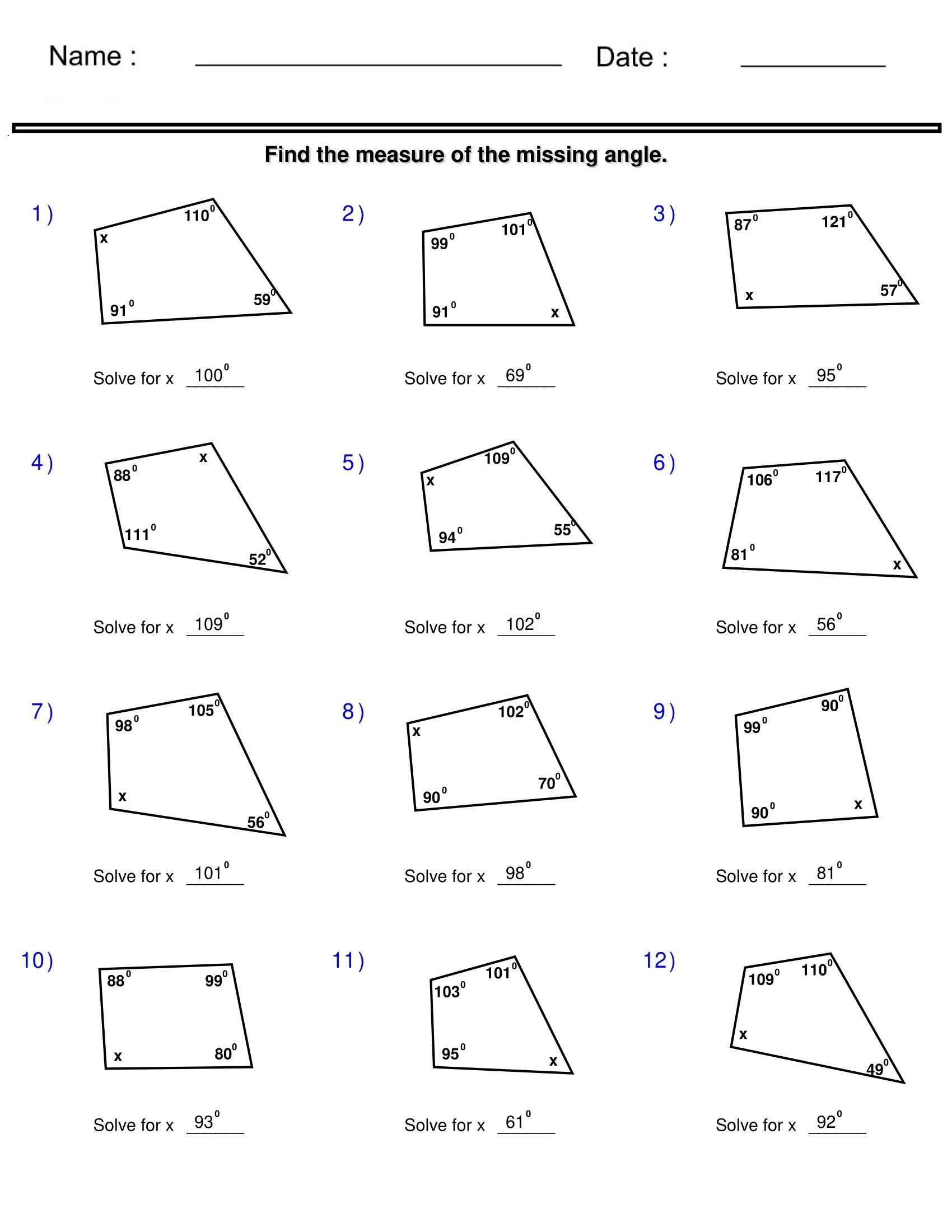 Find The Measure Of The Missing Angle Quadrilaterals And Polygons Worksheets Made By Teachers Calculating Angles B With Clues Worksheet PDF Printable Geometry Worksheet Cazoom Math