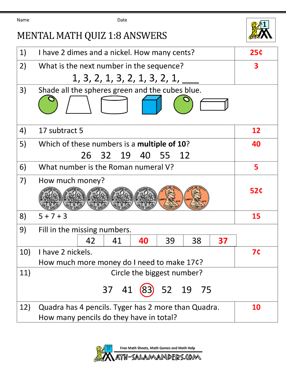 First Grade Mental Math Worksheets First Grade Mental Math Worksheets