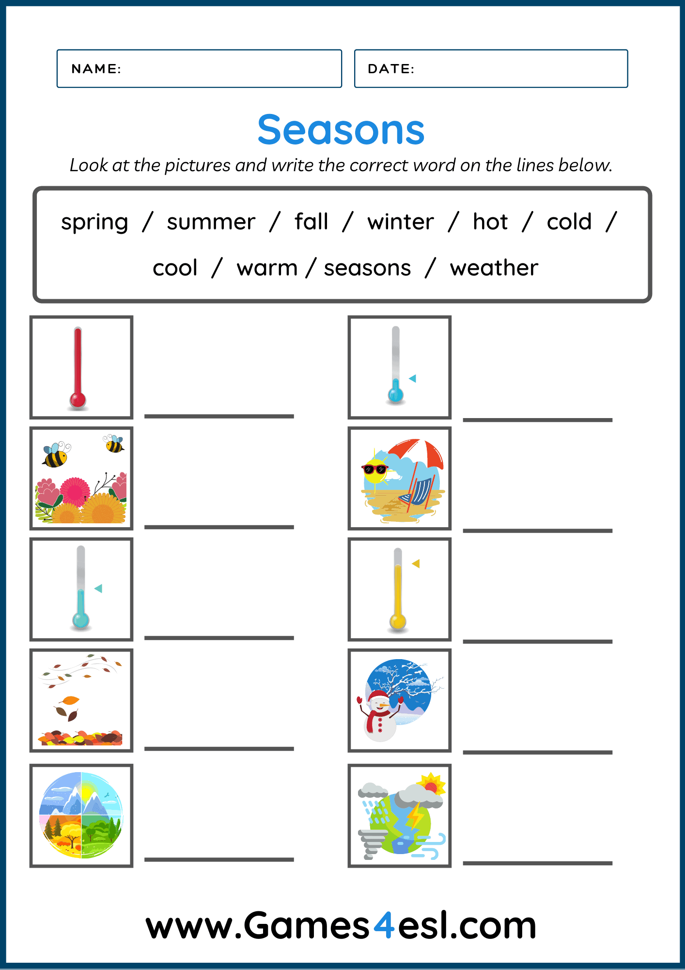 Four Seasons Worksheets For ESL Kids Games4esl