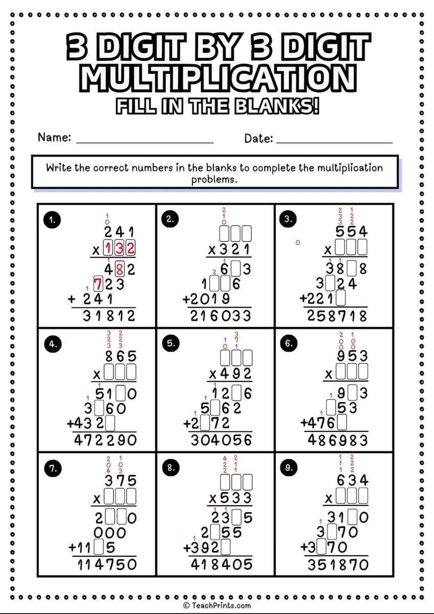 Free 3 Digit By 3 Digit Multiplication Worksheets Teach Prints