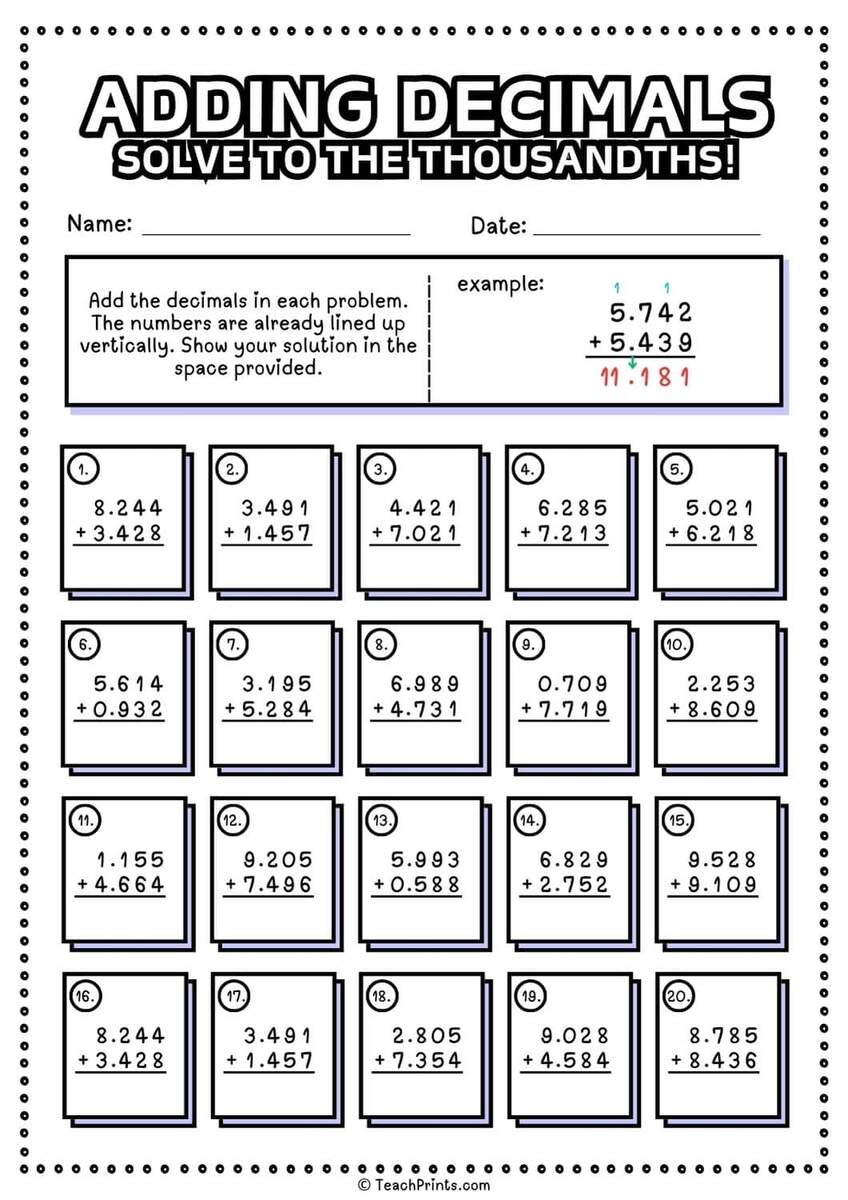 Free Adding Decimals Worksheets Teach Prints Adding Subtracting Decimals Worksheets