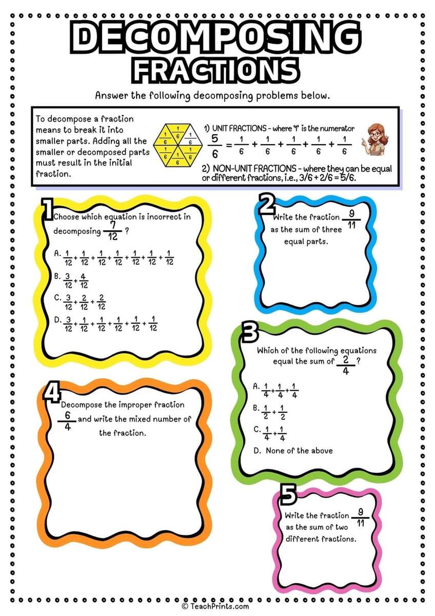 Free Decomposing Fractions Worksheets Teach Prints