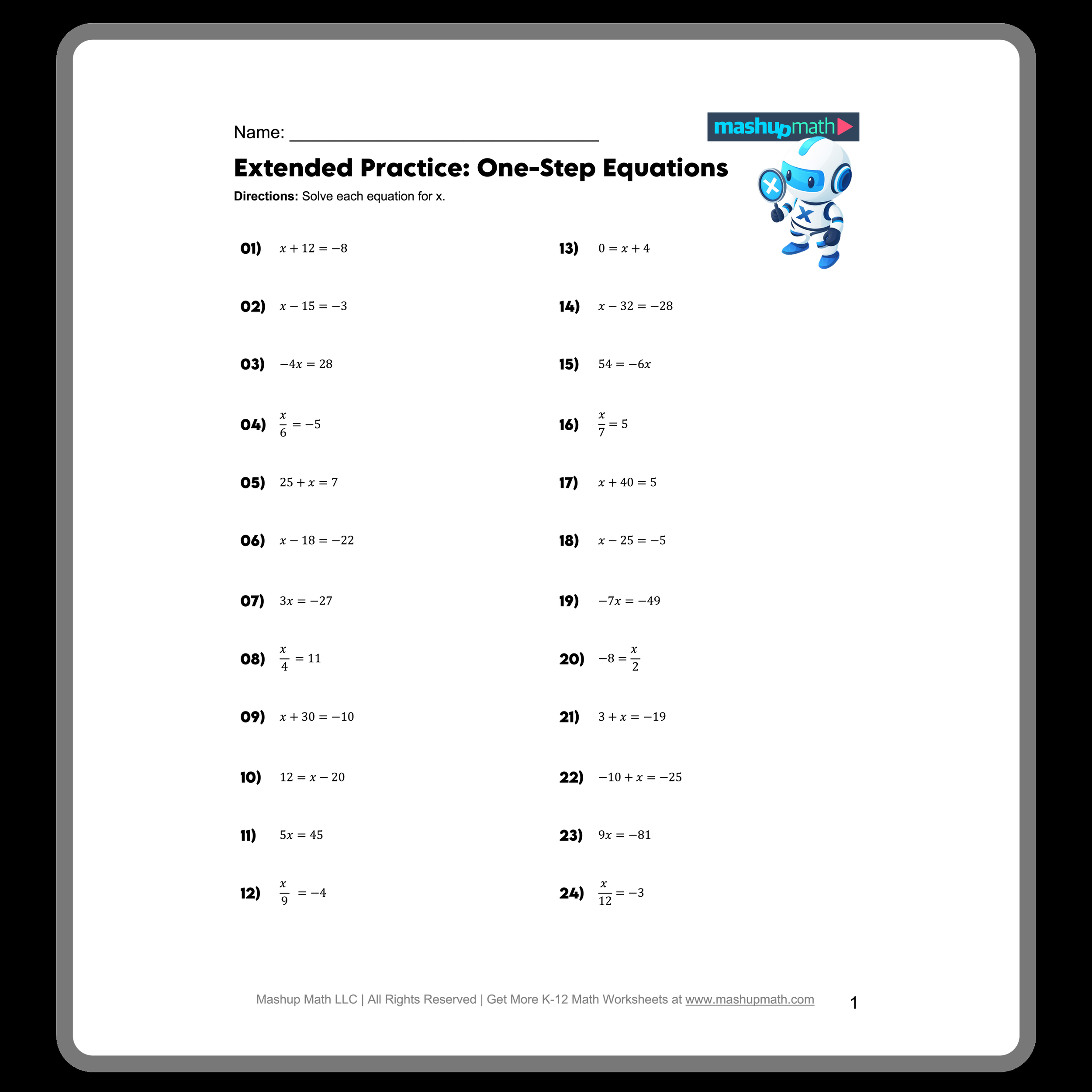 Free One Step Equations Worksheets Mashup Math Worksheets For Fraction Multiplication