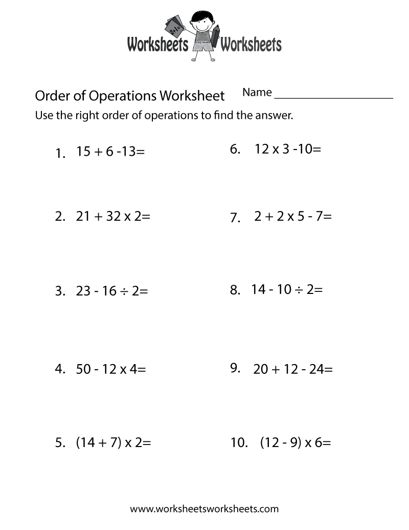 Free Printable Simple Order Of Operations Worksheet PEMDAS Problems