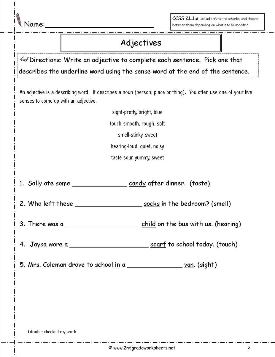 Free Using Adjectives Worksheets 2nd Grade Mental Math Worksheets