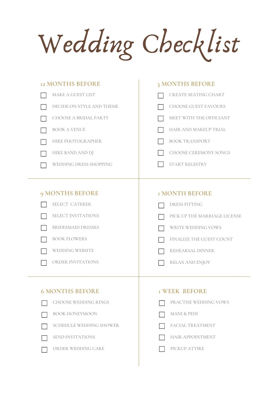 Free Wedding Checklist Templates To Edit And Print Worksheets Library