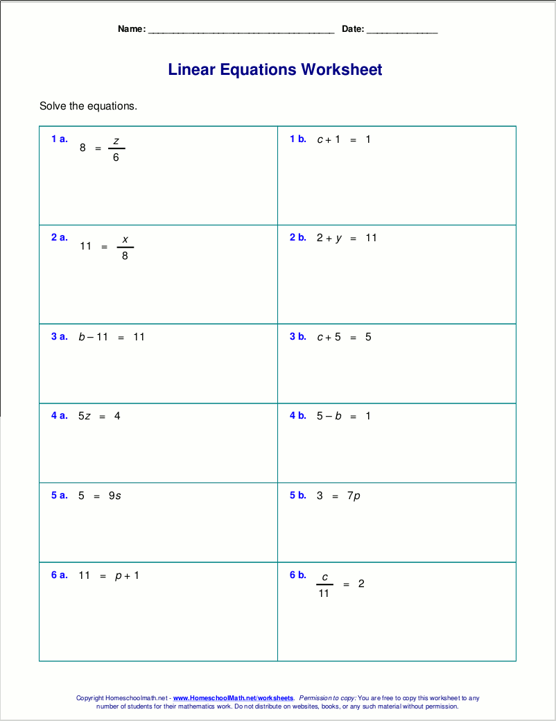 Free Worksheets For Linear Equations Grades 6 9 Pre Algebra Algebra 1 Basic Algebra Worksheets