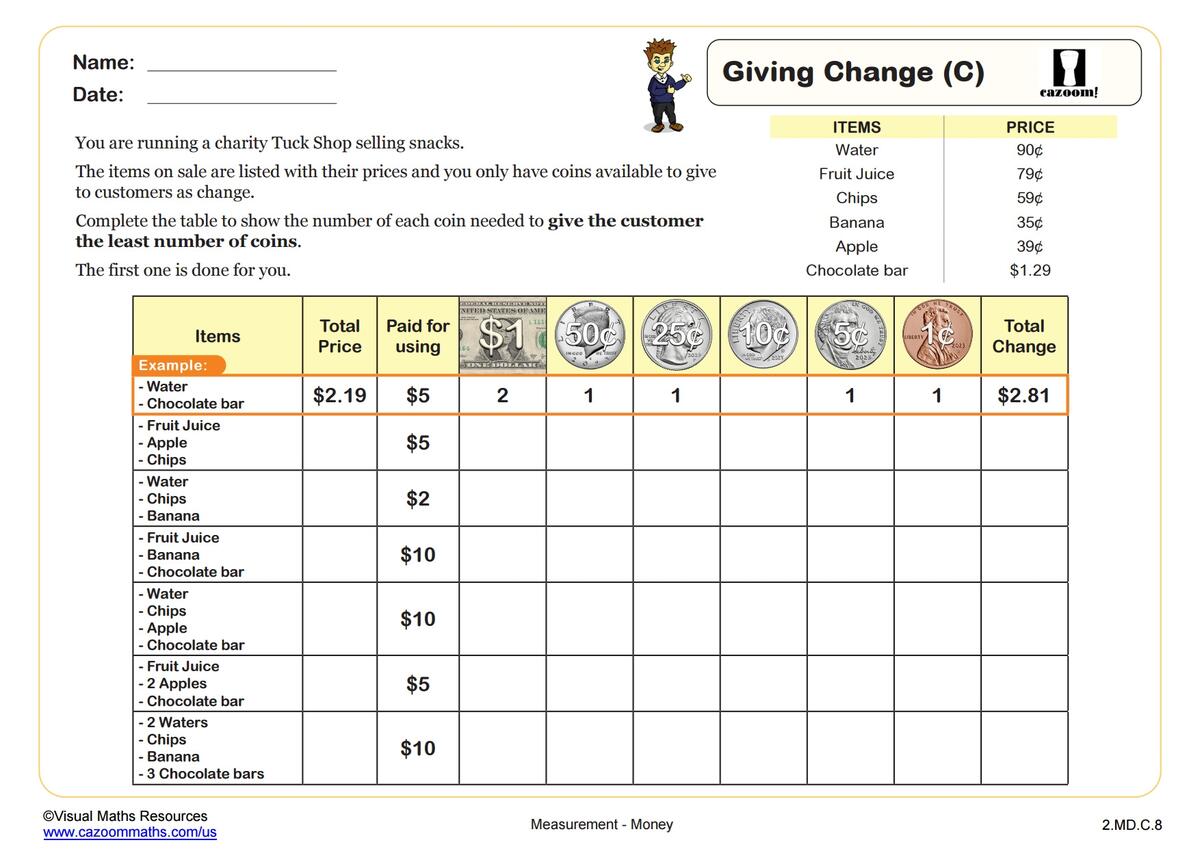 Giving Change C PDF Printable Measurement And Data Worksheets Cazoom Math
