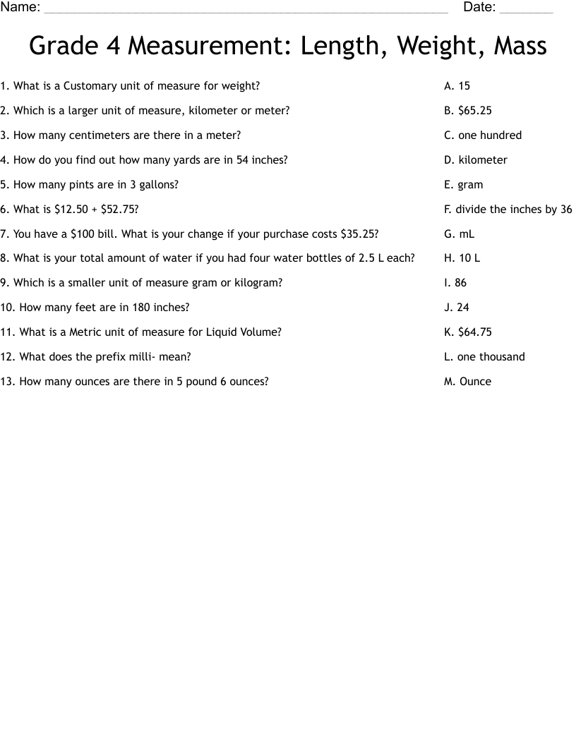 Grade 4 Measurement Length Weight Mass Worksheet WordMint Grade 4 Measurement Length Weight Mass Worksheet WordMint
