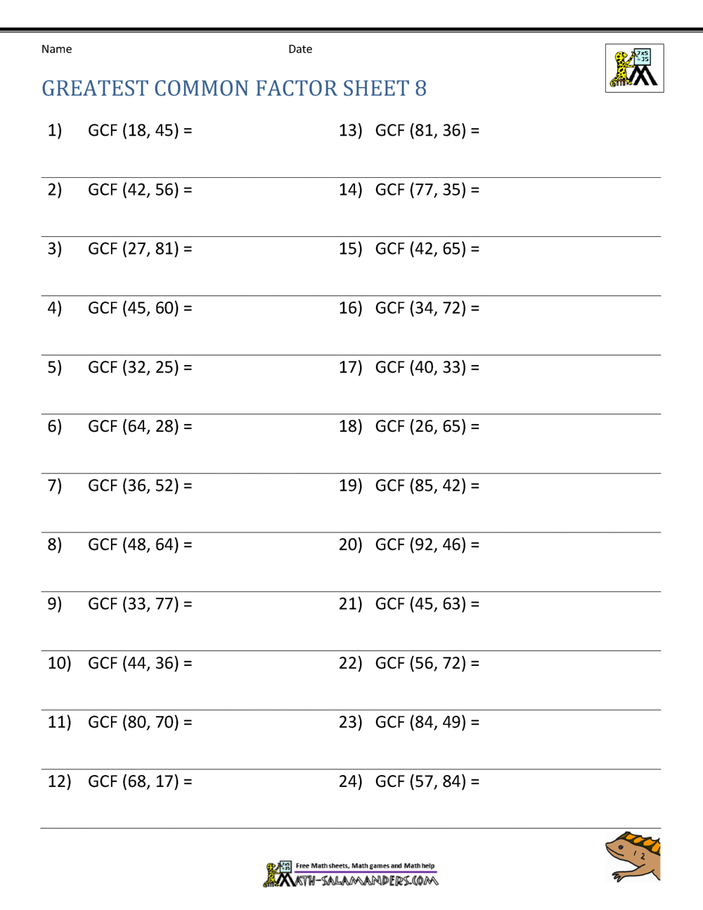 Greatest Common Factor Worksheet Page Greatest Common Factor Worksheet Page
