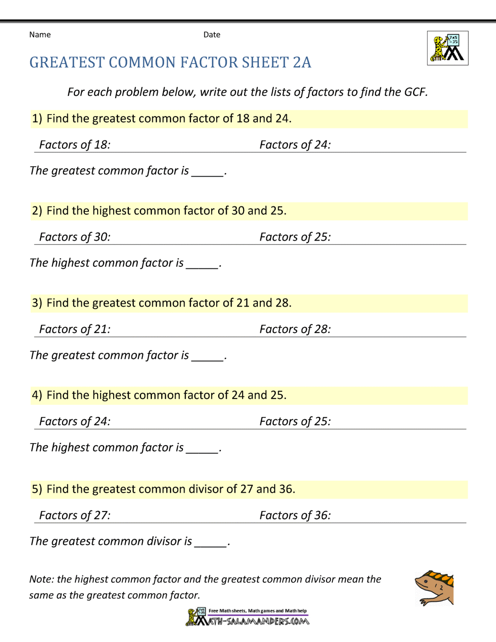 Greatest Common Factor Worksheet Page Greatest Common Factor Worksheet Page