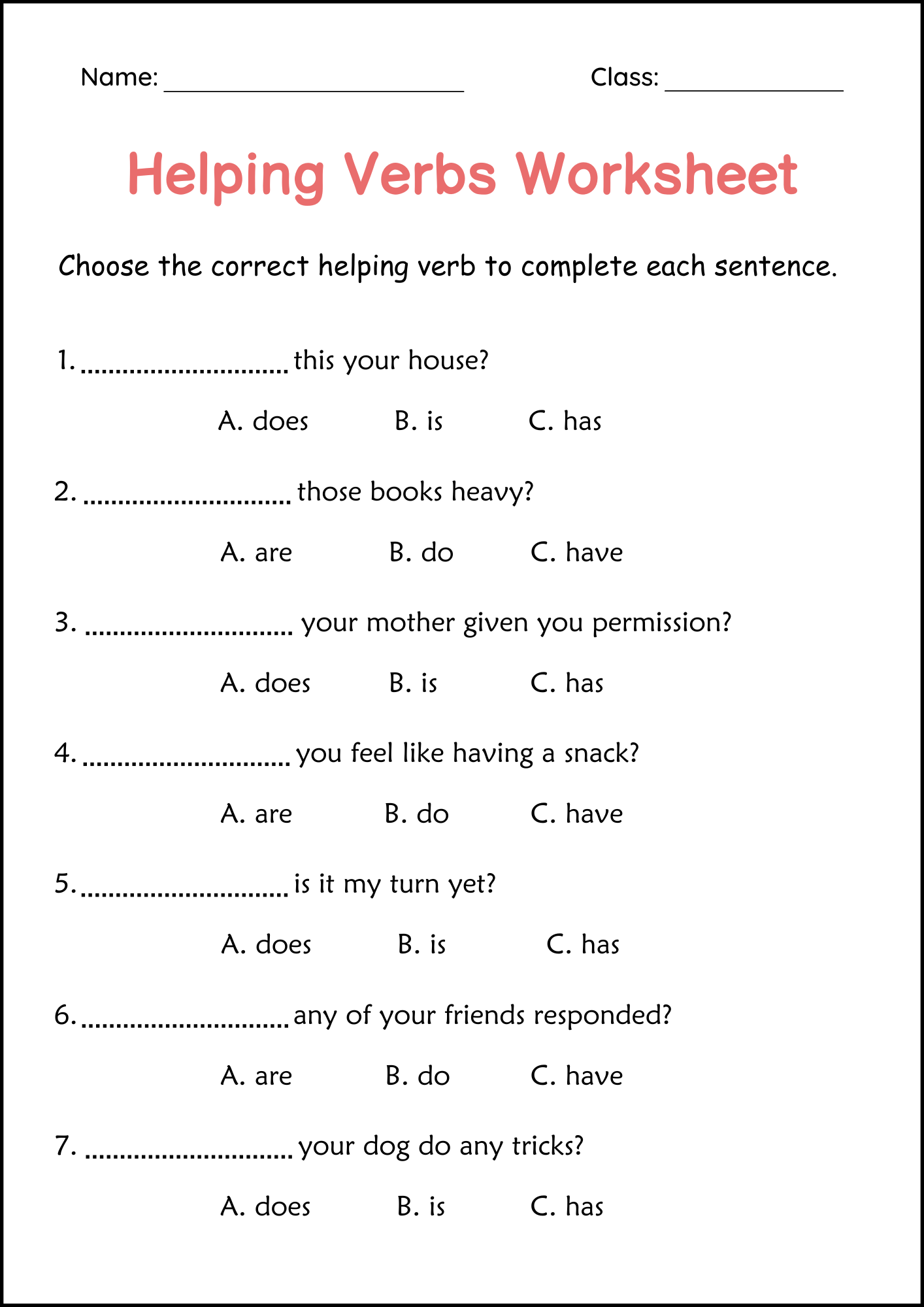 Helping Verbs Grammar Practice Worksheet For Grade 1 Auxiliary Verbs Made By Teachers