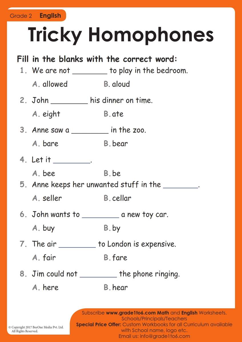 Homophones Worksheets Grade1to6 Worksheets Library