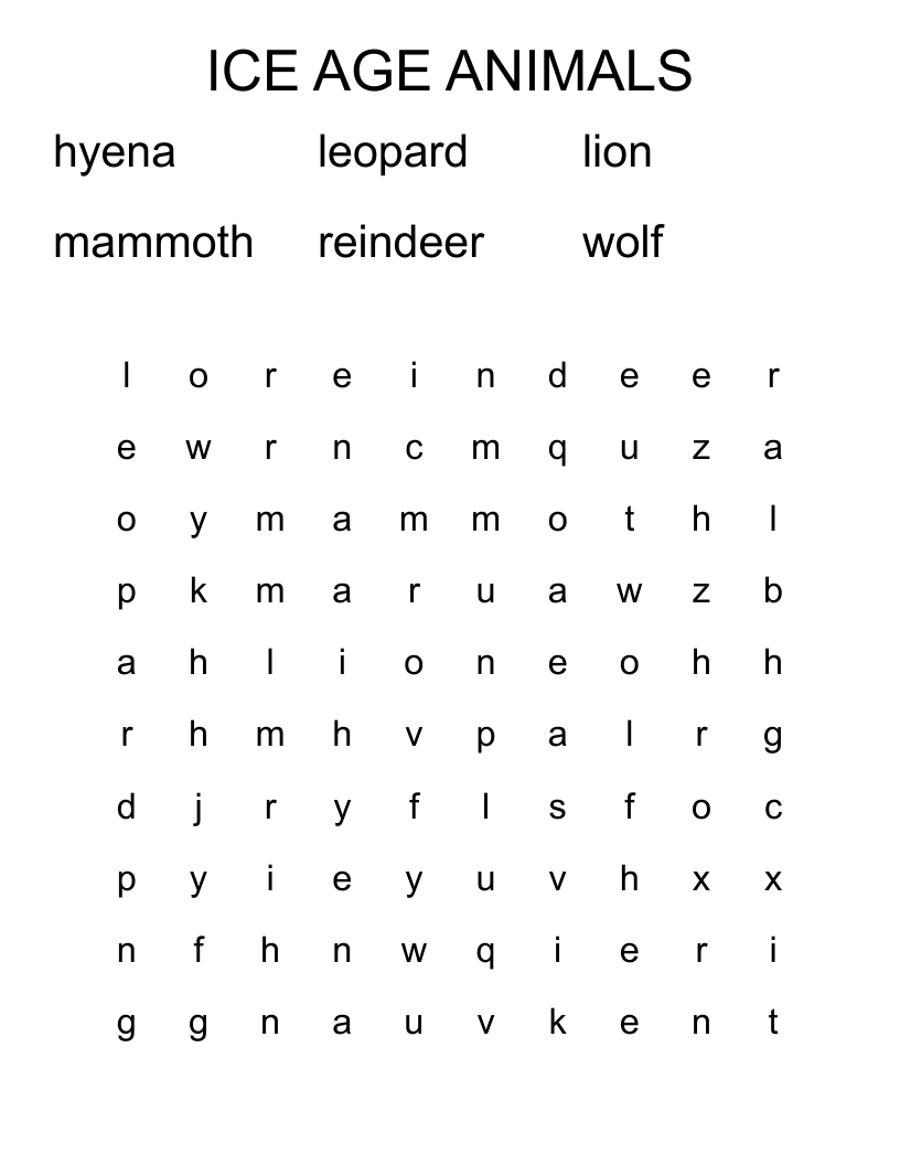 ICE AGE ANIMALS Word Search WordMint ICE AGE ANIMALS Word Search WordMint