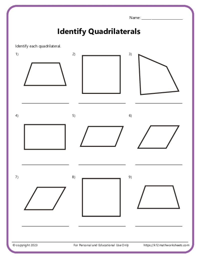 Identify And Draw Quadrilaterals K12 Math Worksheets