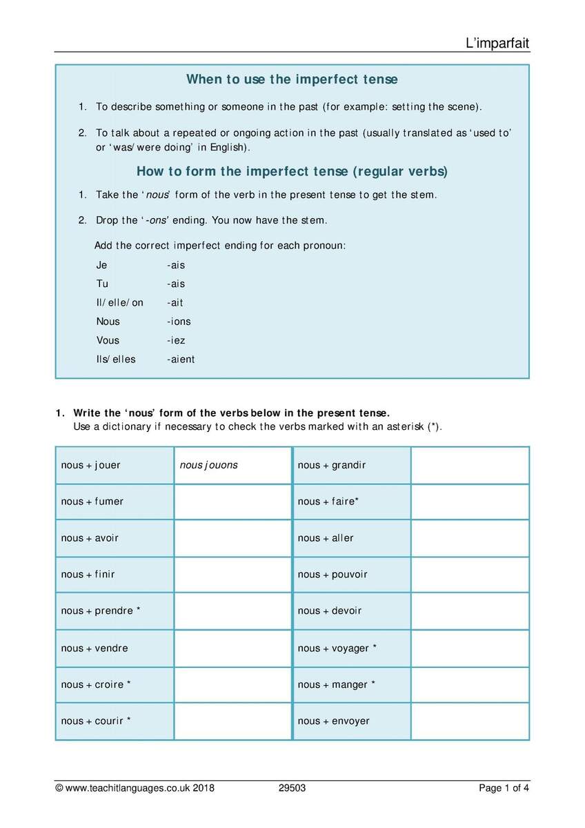 Imperfect Tense Grammar KS3 4 French Teaching Resource Teachit L Imparfait French Imperfect Tense Lesson Activities Google Slides Worksheet Made By Teachers