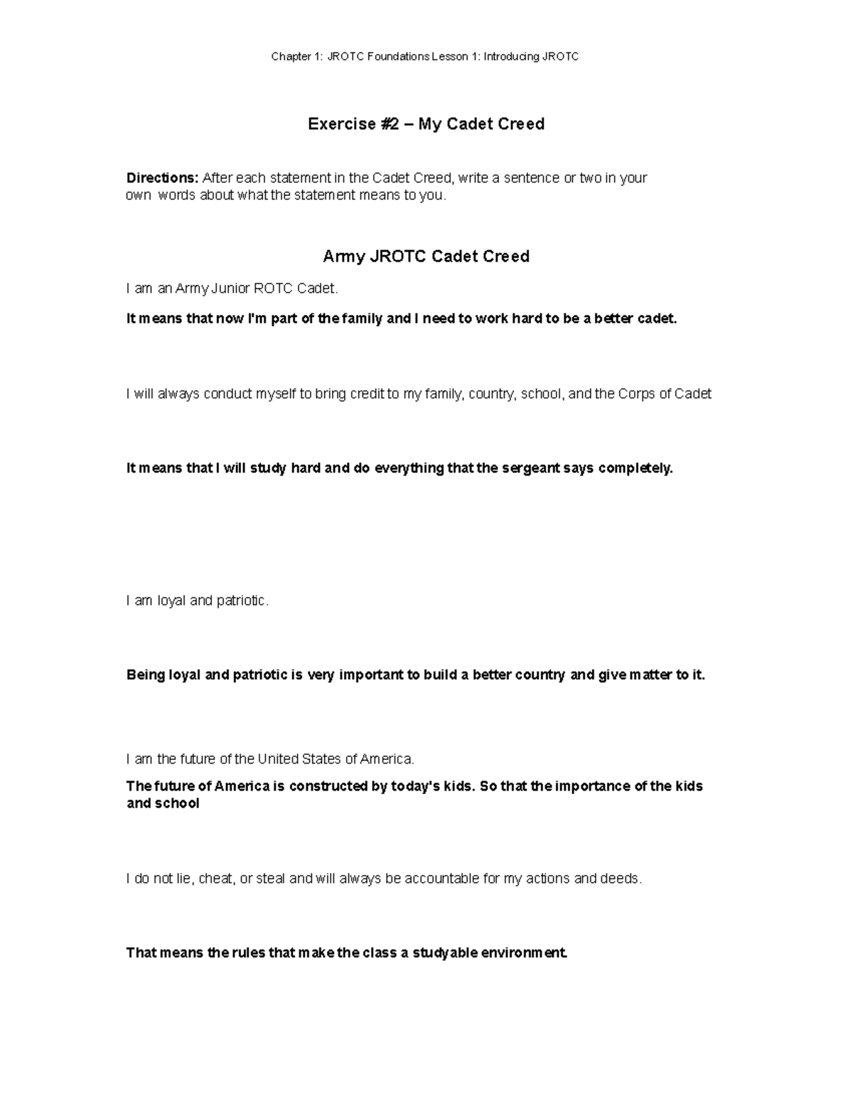 JROTC LET 1 Cadet Creed Reflection Exercise Studocu