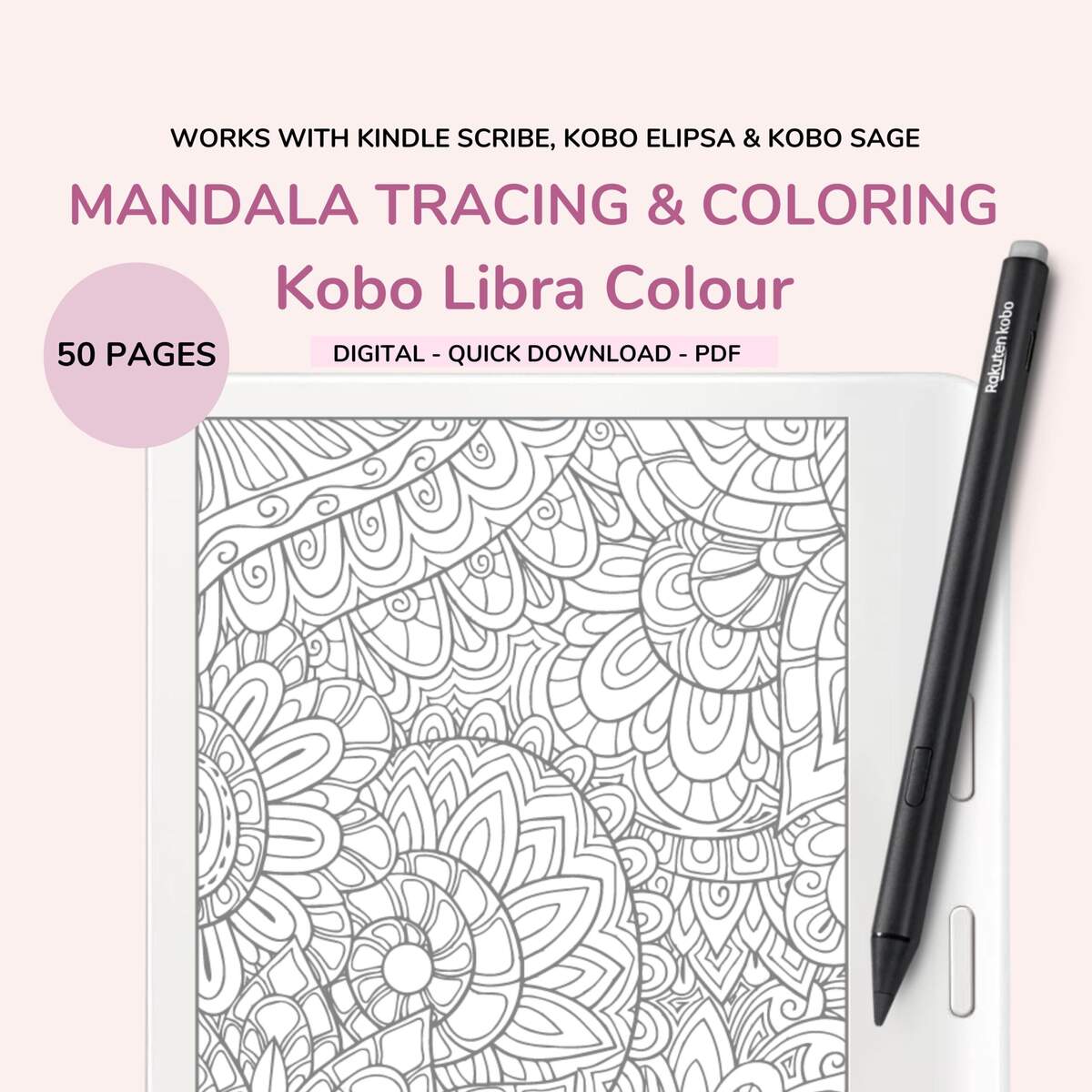 Kobo Libra Colour Mandala Tracing Book 50 Coloring Pages Digital Download Etsy
