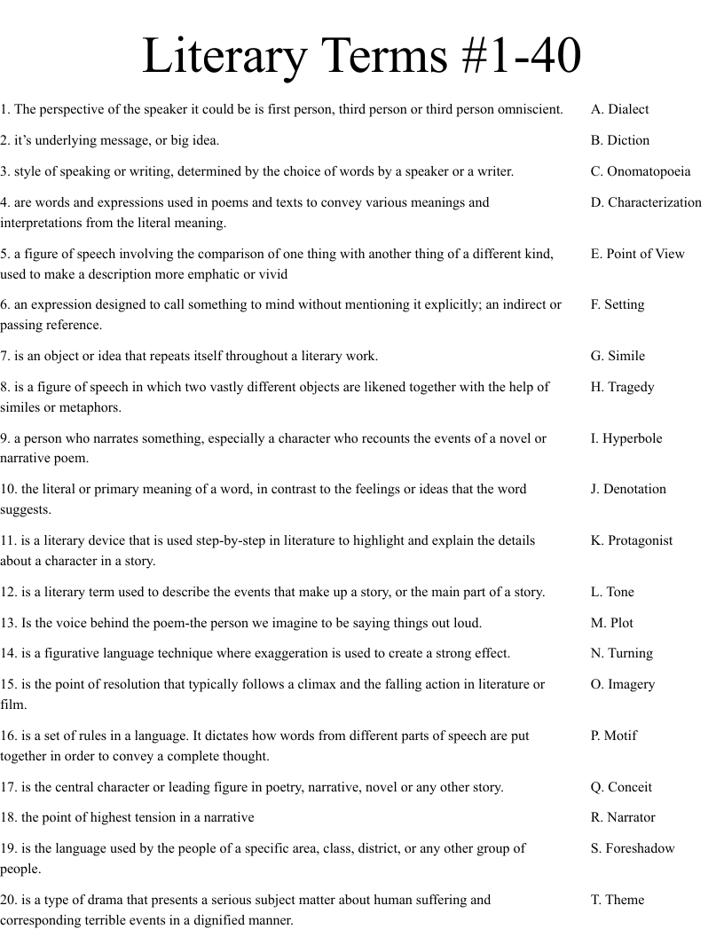 Literary Terms 1 40 Worksheet WordMint