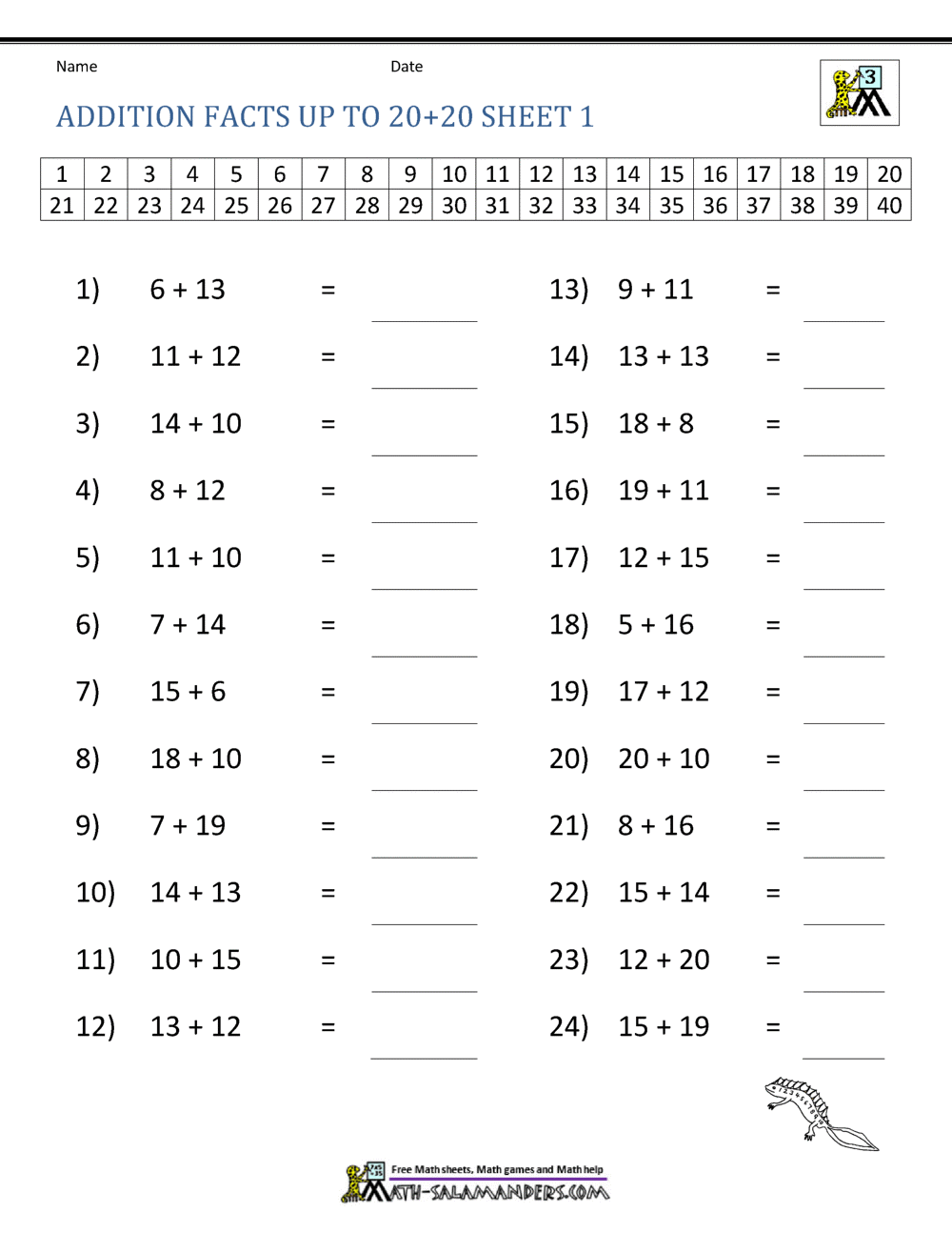 Math Addition Facts To 20 Math Addition Facts To 20