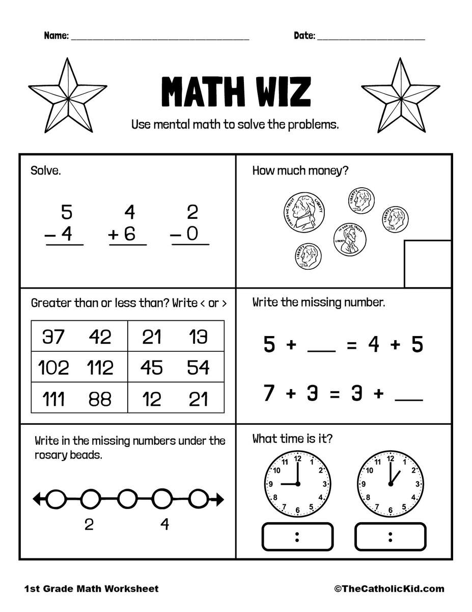Mental Math Worksheet TheCatholicKid 1st Grade Math Catholic Themed Worksheet Mental Math TheCatholicKid
