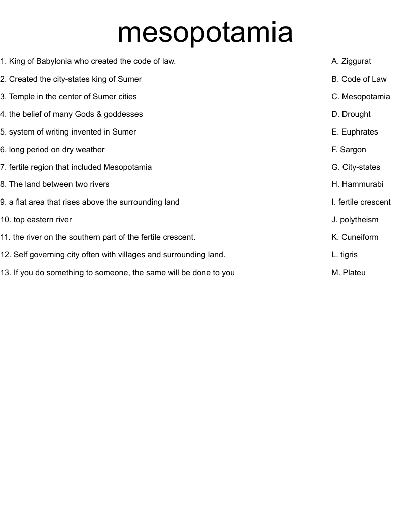 Early Cities Grade 6 Harcourt Mesopotamia World History Fill In The Blank