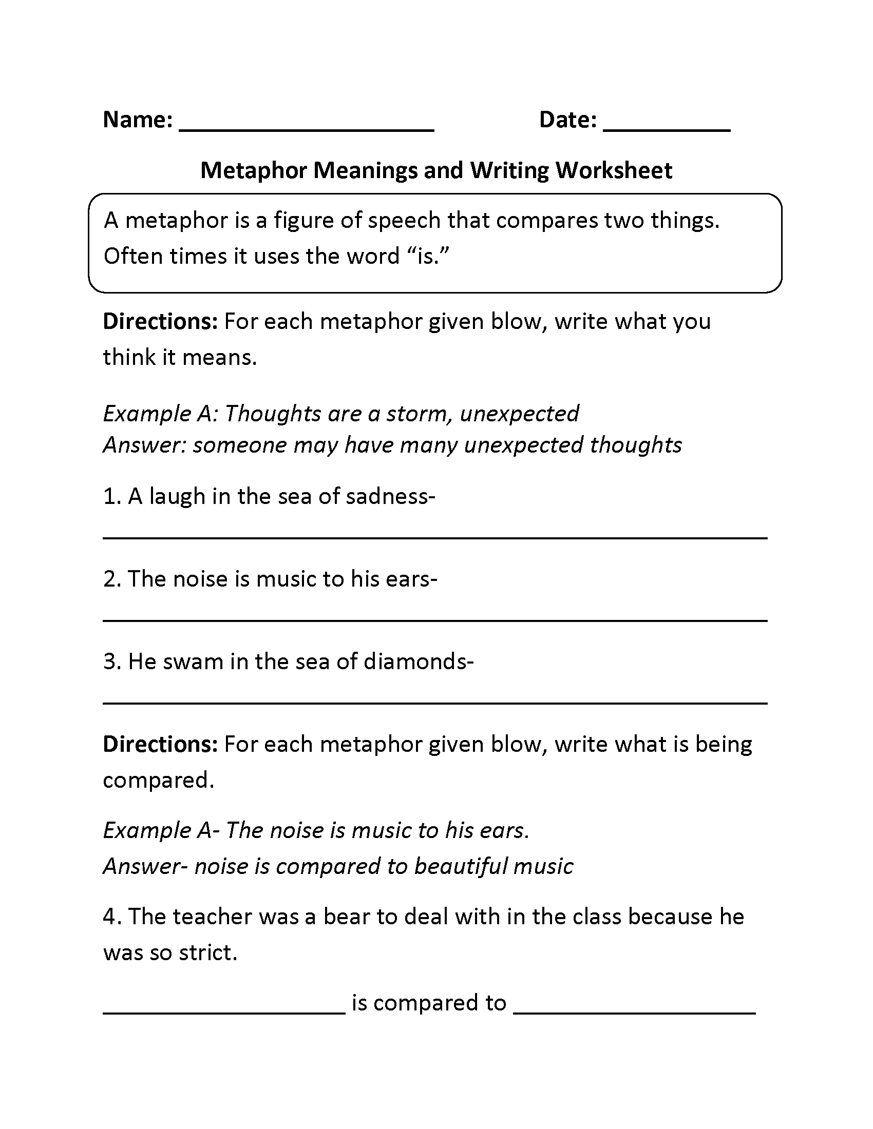 Metaphors Worksheets Free Figurative Language Practice Class 5 Vocabulary Metaphors Worksheet Free Printable PDF