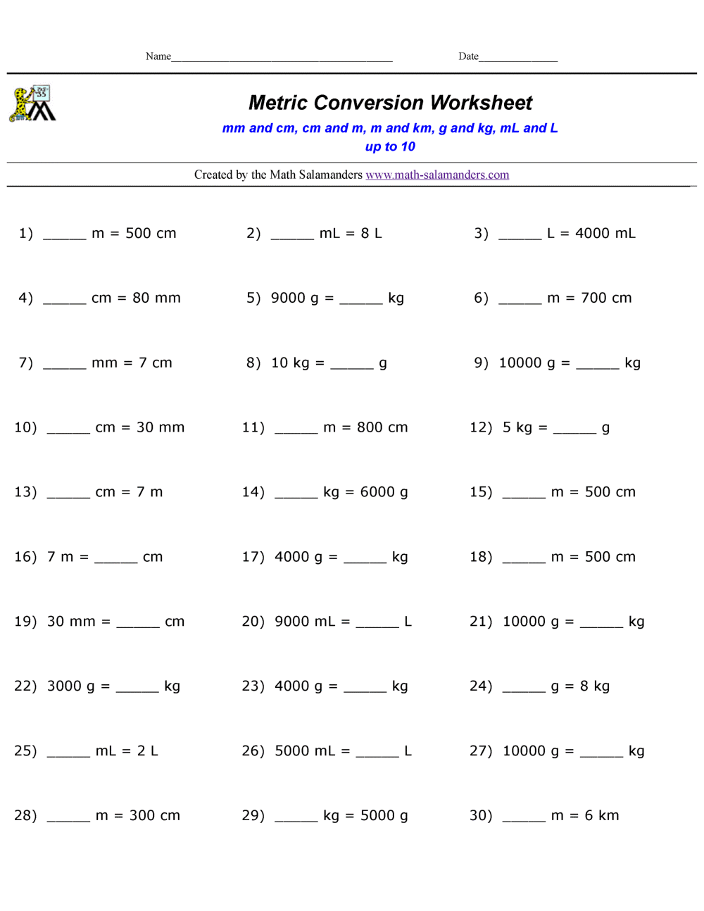 Metric Conversion Practice Worksheets