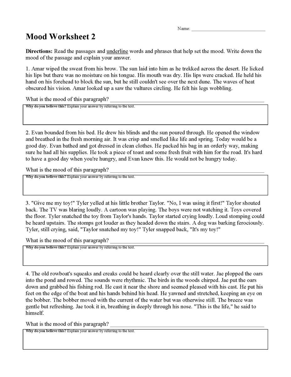 Mood Worksheets Reading Comprehension Activities