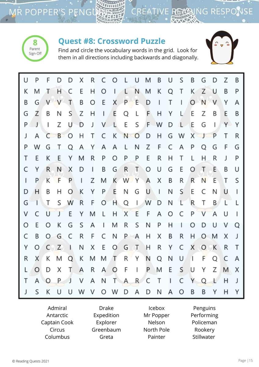 Mr Popper S Penguins Free Printables Reading Quests