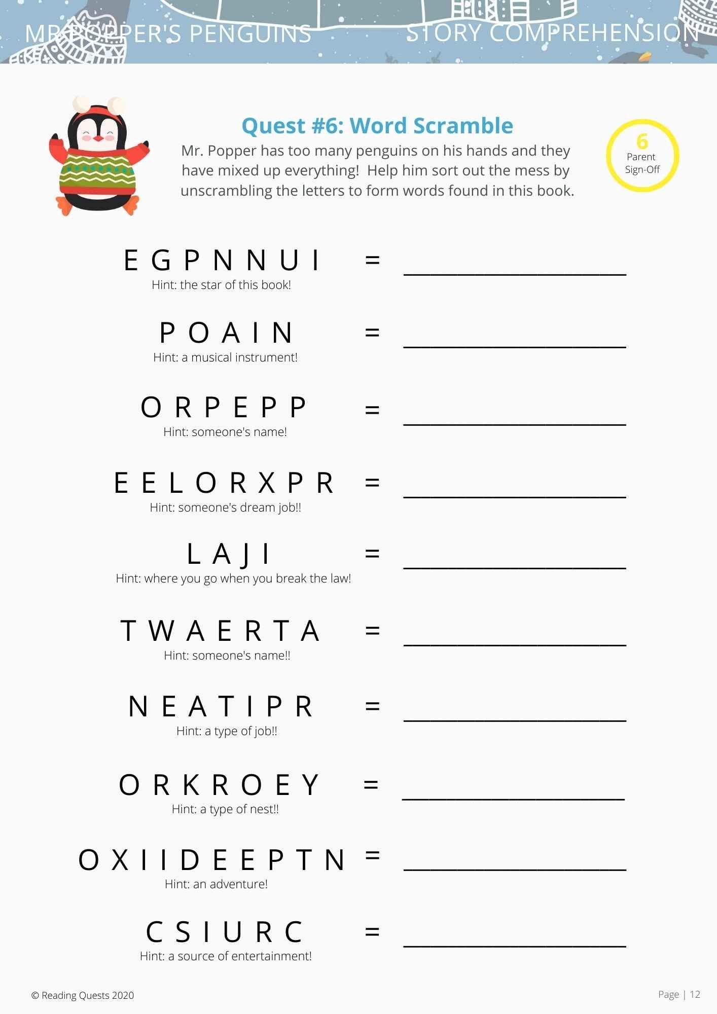 Mr Popper s Penguins Free Printables Reading Quests