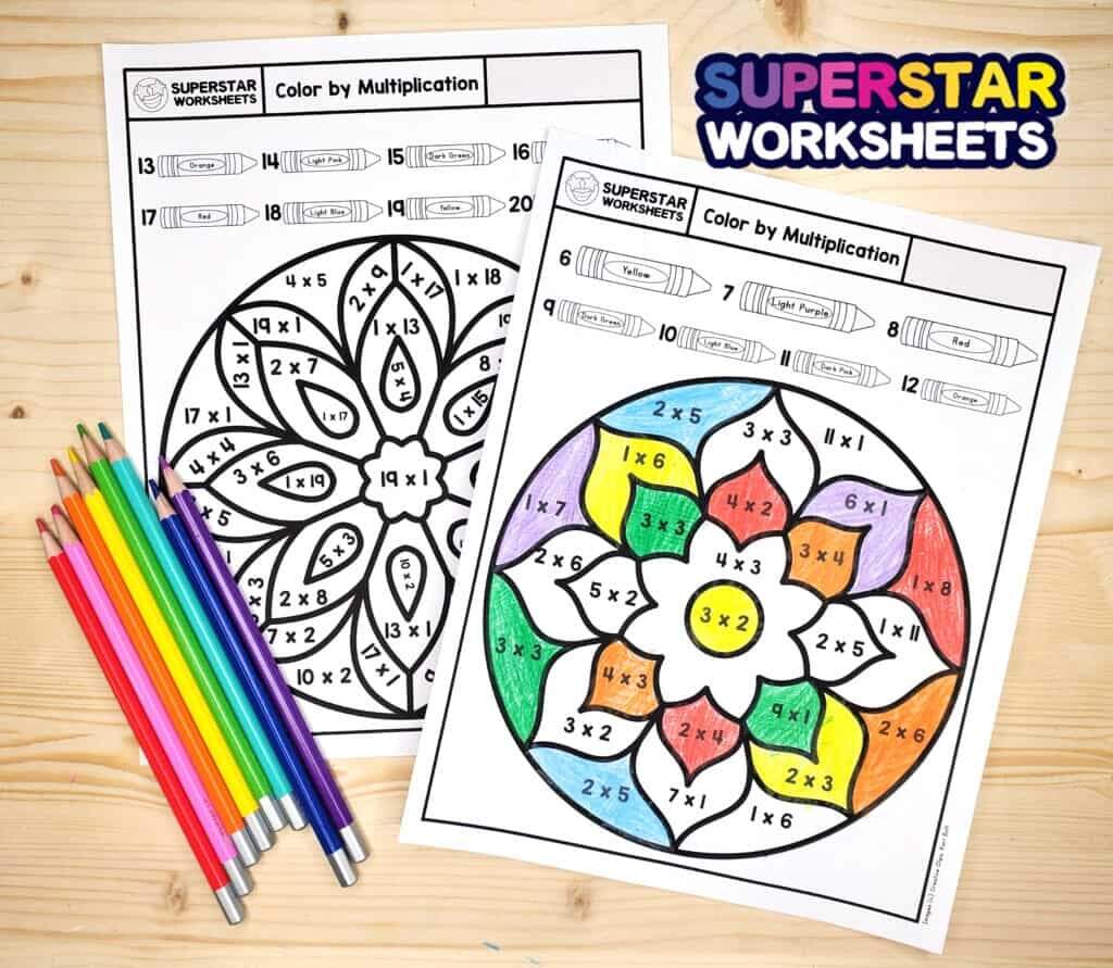 Multiplication Color By Number Superstar Worksheets Color By Multiplication Fun Free Printable Worksheets For Kids PDF