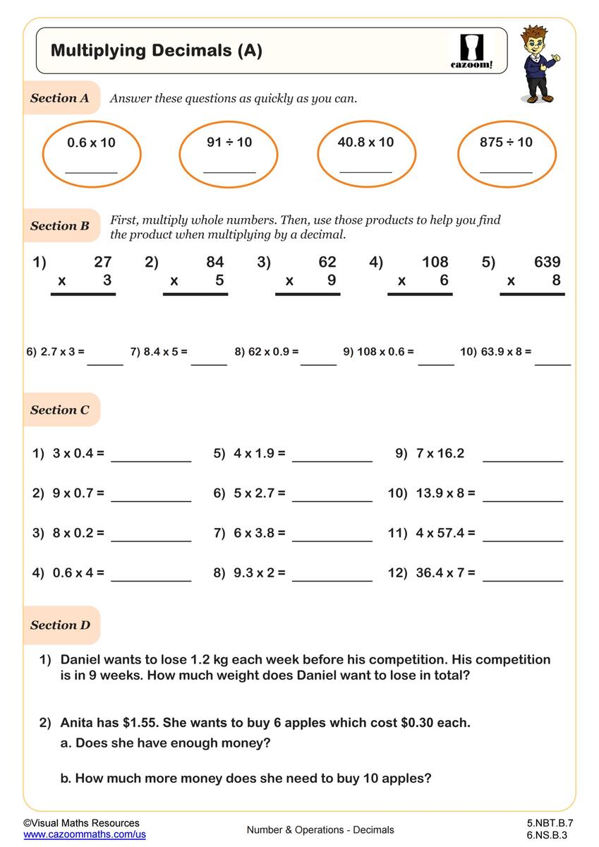 Free Printable Decimals Multiplication Worksheet For Fifth Grade